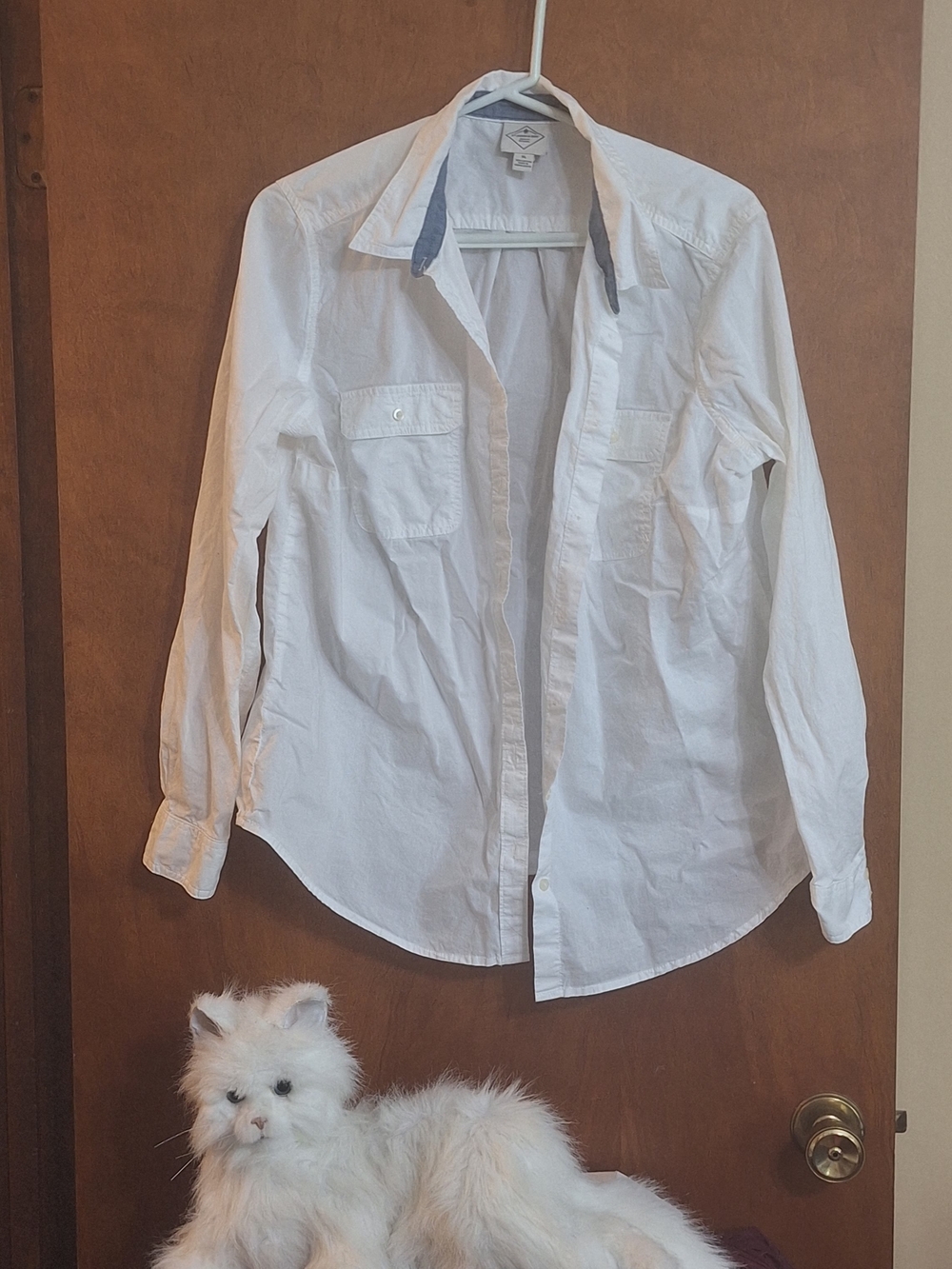 St. John's Bay White Long-Sleeve Shirt with Contrast Collar Detail